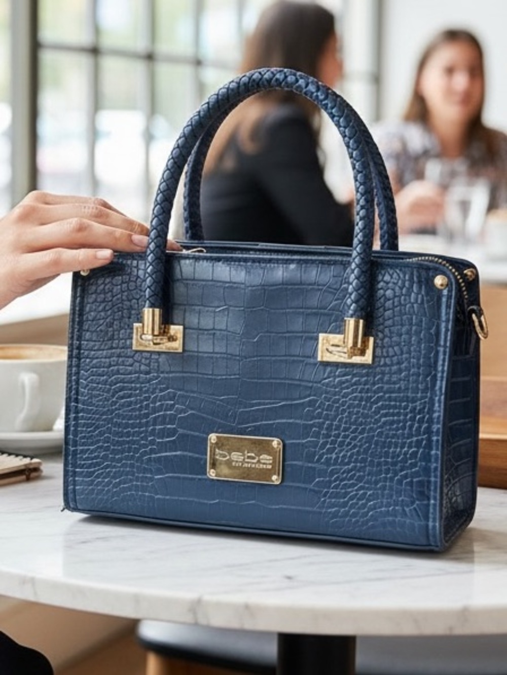bebe Navy Croc-Embossed Satchel with Braided Handles